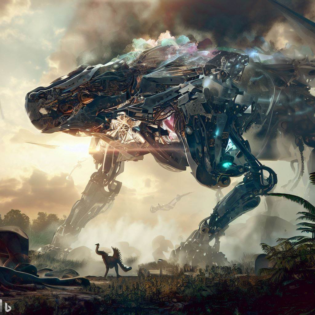 futuristic dinosaur mech with glass body being hunted, shatter, fauna in foreground, detailed smoke and clouds, lens flare, realistic, h.r. giger style 5.jpg